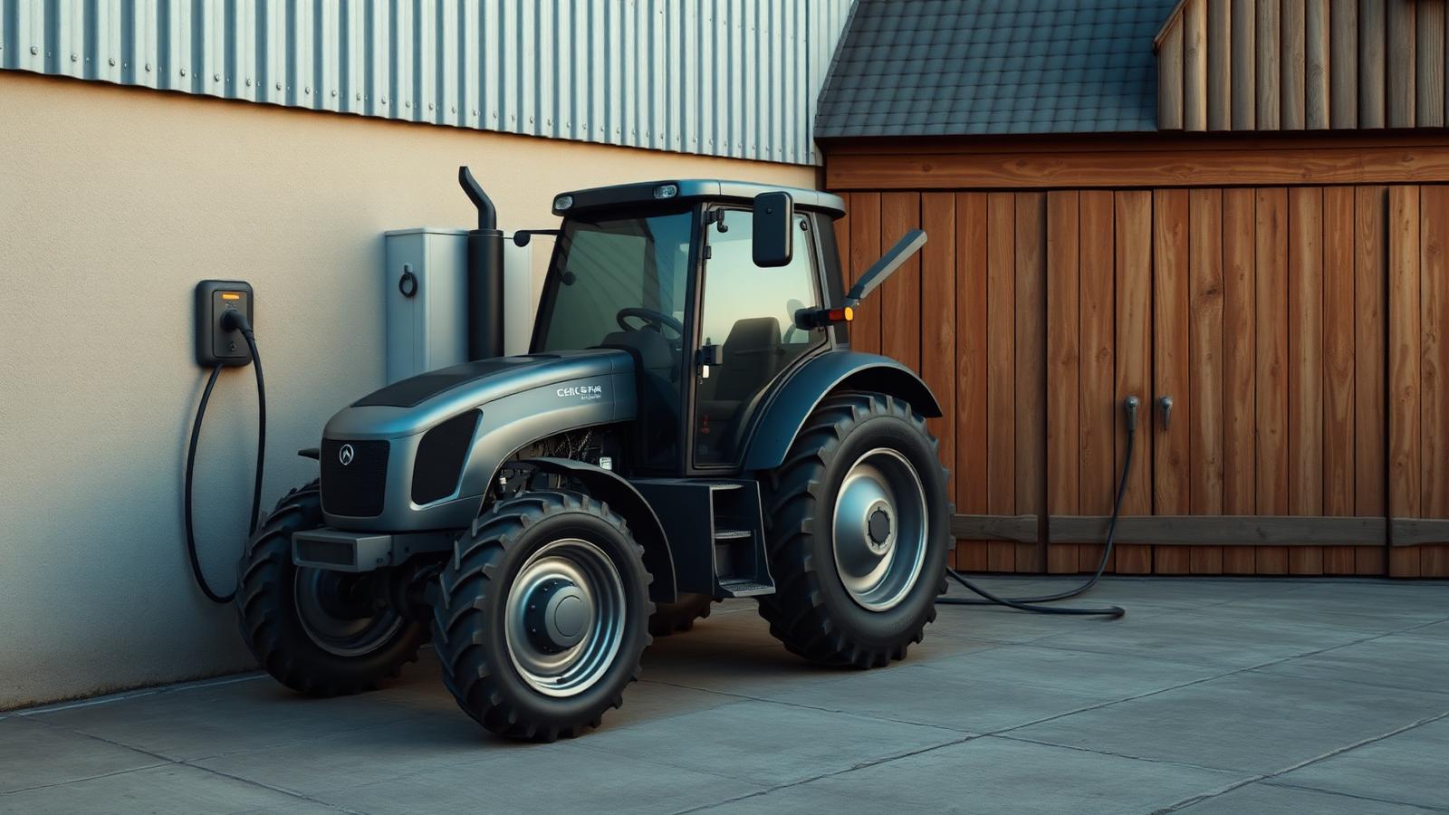 Compact electric tractor beside a farm barn charging point