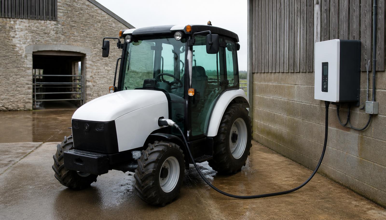 Compact electric tractor connected to a wall-mounted farm charger