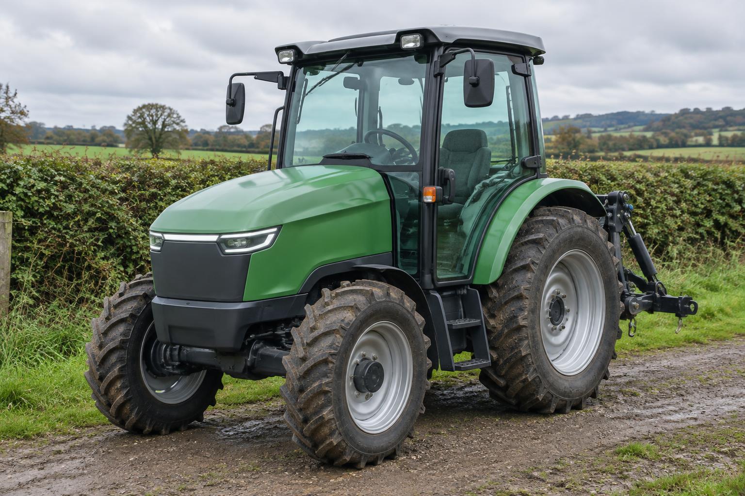 Compact battery-electric tractor beside a hedgerow on a British farm