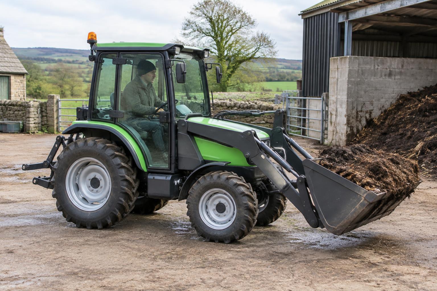Compact electric tractor moving compost with a front loader in a farmyard