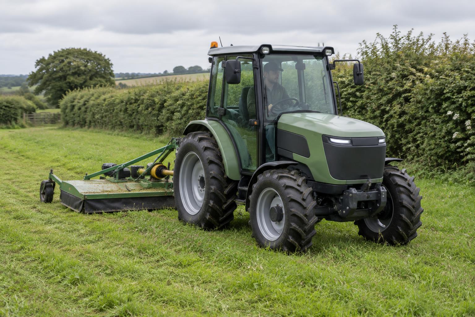 Compact battery-electric tractor mowing grass beside a British hedgerow