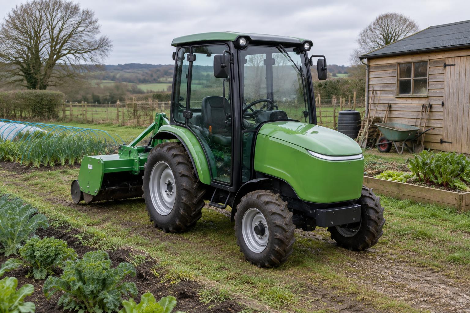 Green electric tractor with rear implement beside vegetable beds on a smallholding
